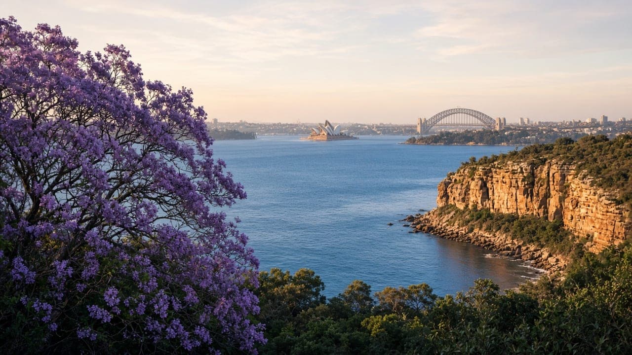 Sydney Harbour in late afternoon light with jacaranda in the foreground