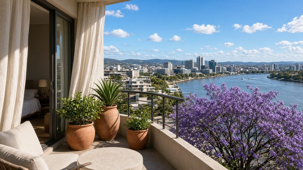 Sunlit apartment balcony overlooking a river and jacaranda